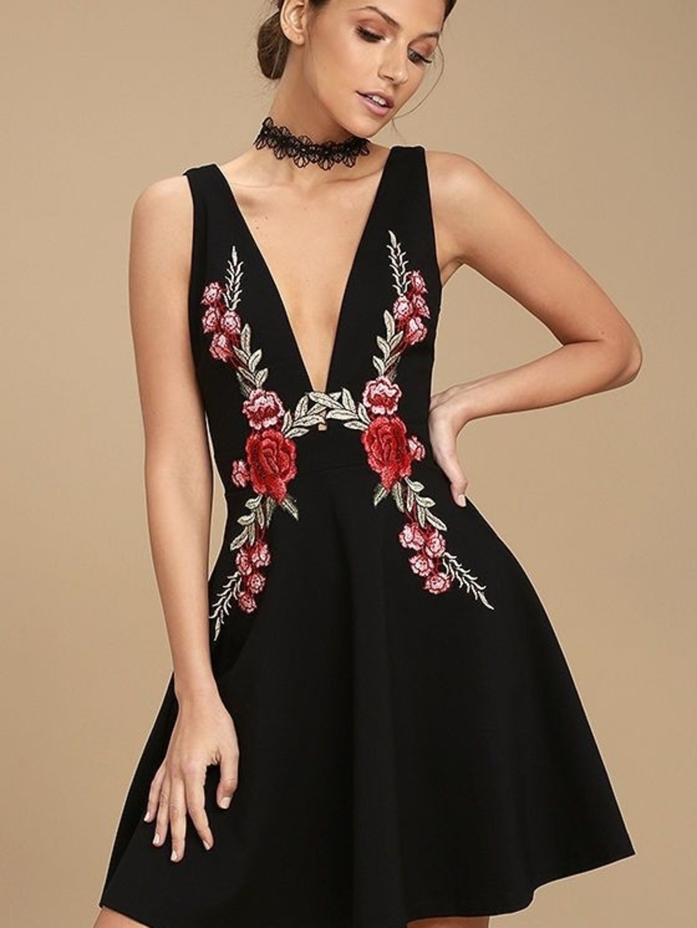 twik Black Mini Dress with Red Floral Embroidery